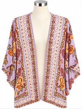 Angie Purple Floral Kimono Cardigan Flowy Jacket Sz L Bohemian Festival Romantic